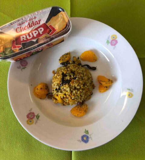 Cheddar-Kürbis-Pilz-Risotto